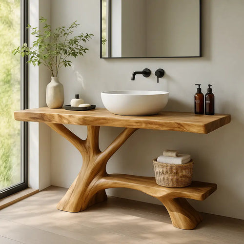 Handcrafted Solid Wood Vanity with Branch-Inspired Base and Organic Sculptural Design Lynnsnail