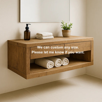 Handcrafted Solid Wood Floating Vanity – Rustic Oak Wall-Mounted Bathroom Cabinet with Drawers and Shelf Lynnsnail