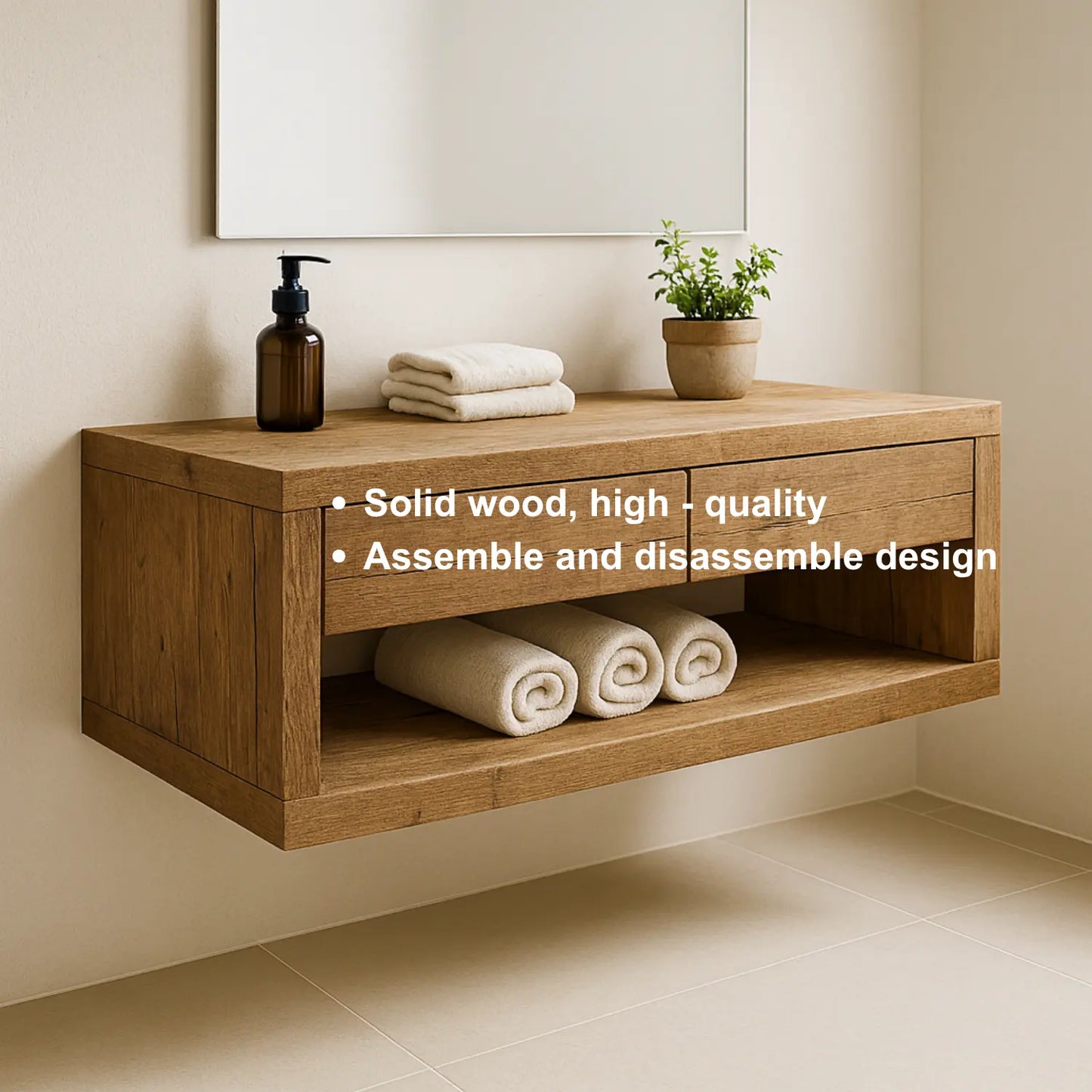 Handcrafted Solid Wood Floating Vanity – Rustic Oak Wall-Mounted Bathroom Cabinet with Drawers and Shelf Lynnsnail
