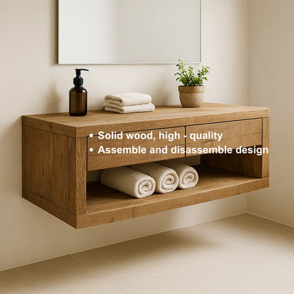 Handcrafted Solid Wood Floating Vanity – Rustic Oak Wall-Mounted Bathroom Cabinet with Drawers and Shelf Lynnsnail