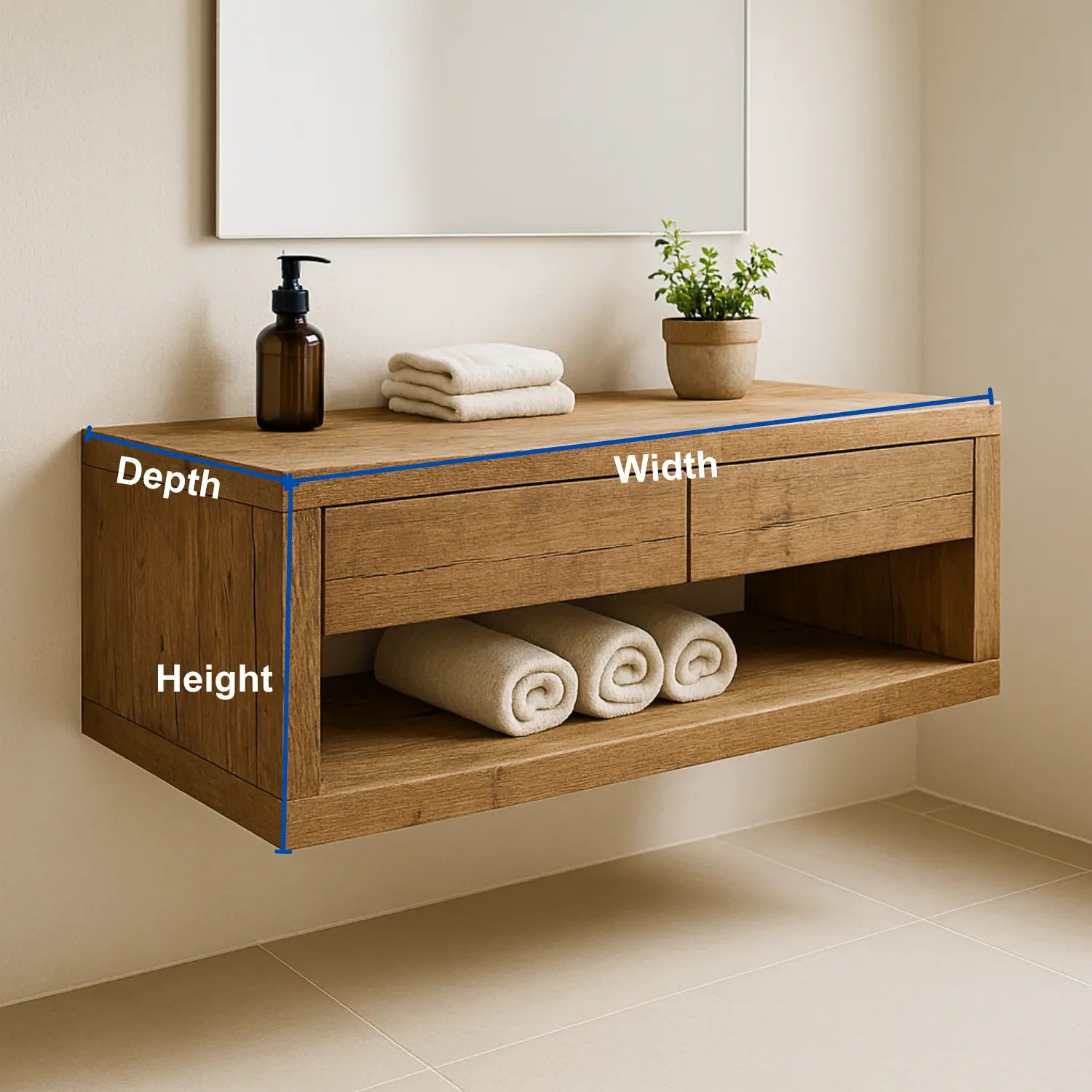 Handcrafted Solid Wood Floating Vanity – Rustic Oak Wall-Mounted Bathroom Cabinet with Drawers and Shelf Lynnsnail