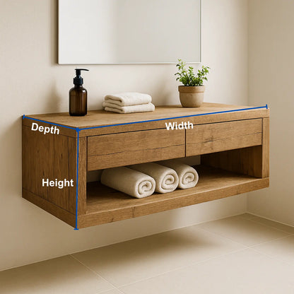 Handcrafted Solid Wood Floating Vanity – Rustic Oak Wall-Mounted Bathroom Cabinet with Drawers and Shelf Lynnsnail