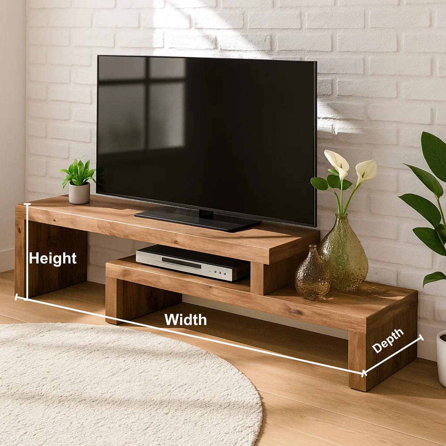 Handcrafted Solid Wood TV Stand – Modern Zen Media Console with Asymmetrical Two-Level Design and Natural Finish Lynnsnail