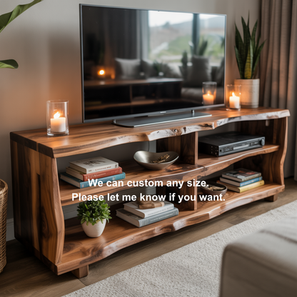 Rustic Live Edge Solid Wood TV Stand – Handcrafted Organic Media Console with 4 Open Shelves for Modern Living Spaces Lynnsnail