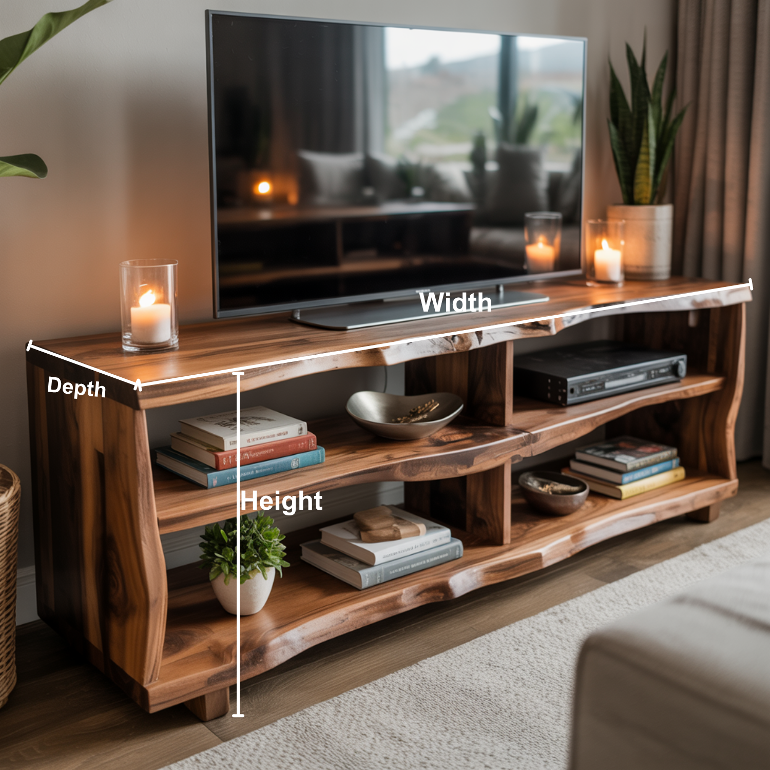 Rustic Live Edge Solid Wood TV Stand – Handcrafted Organic Media Console with 4 Open Shelves for Modern Living Spaces Lynnsnail