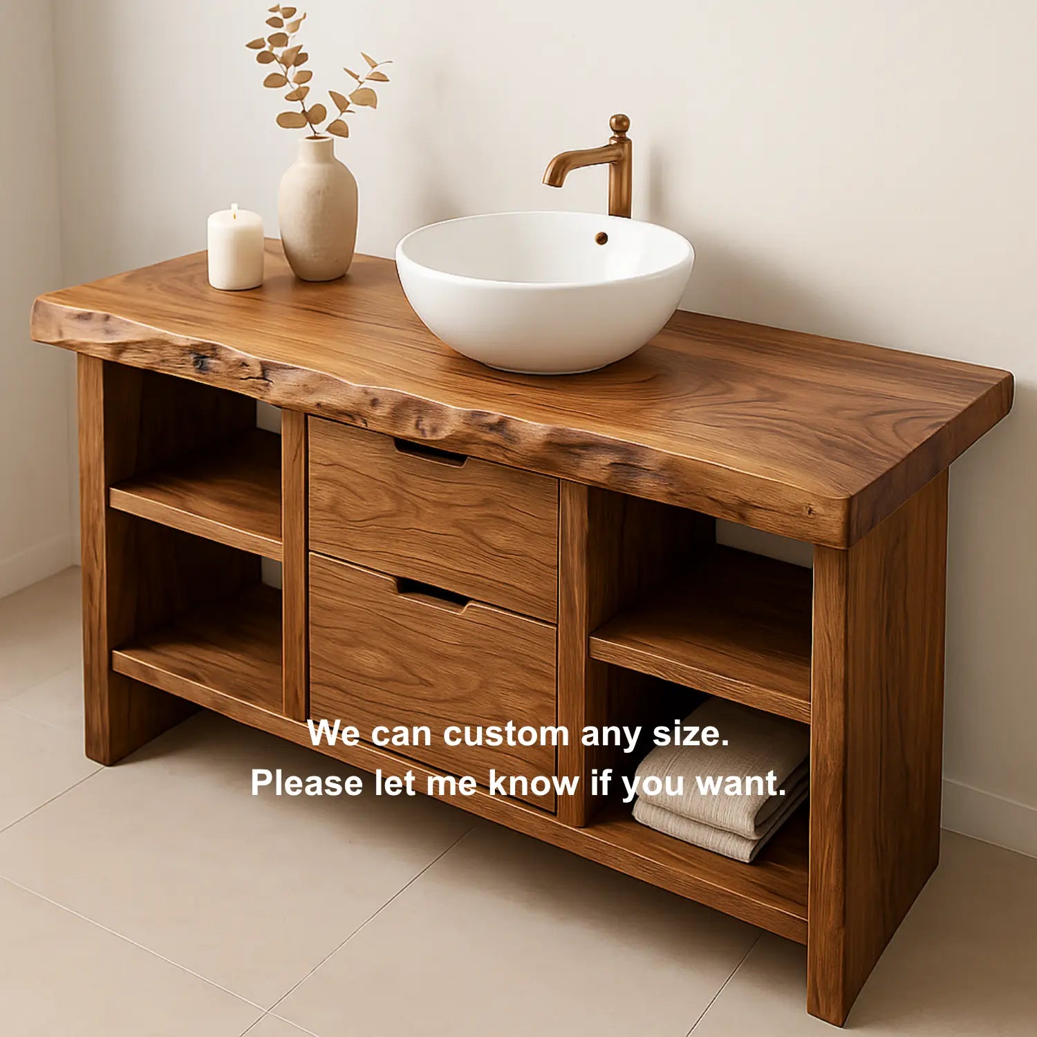 Handcrafted Solid Wood Bathroom Vanity with Live Edge Top and Open Shelves Lynnsnail