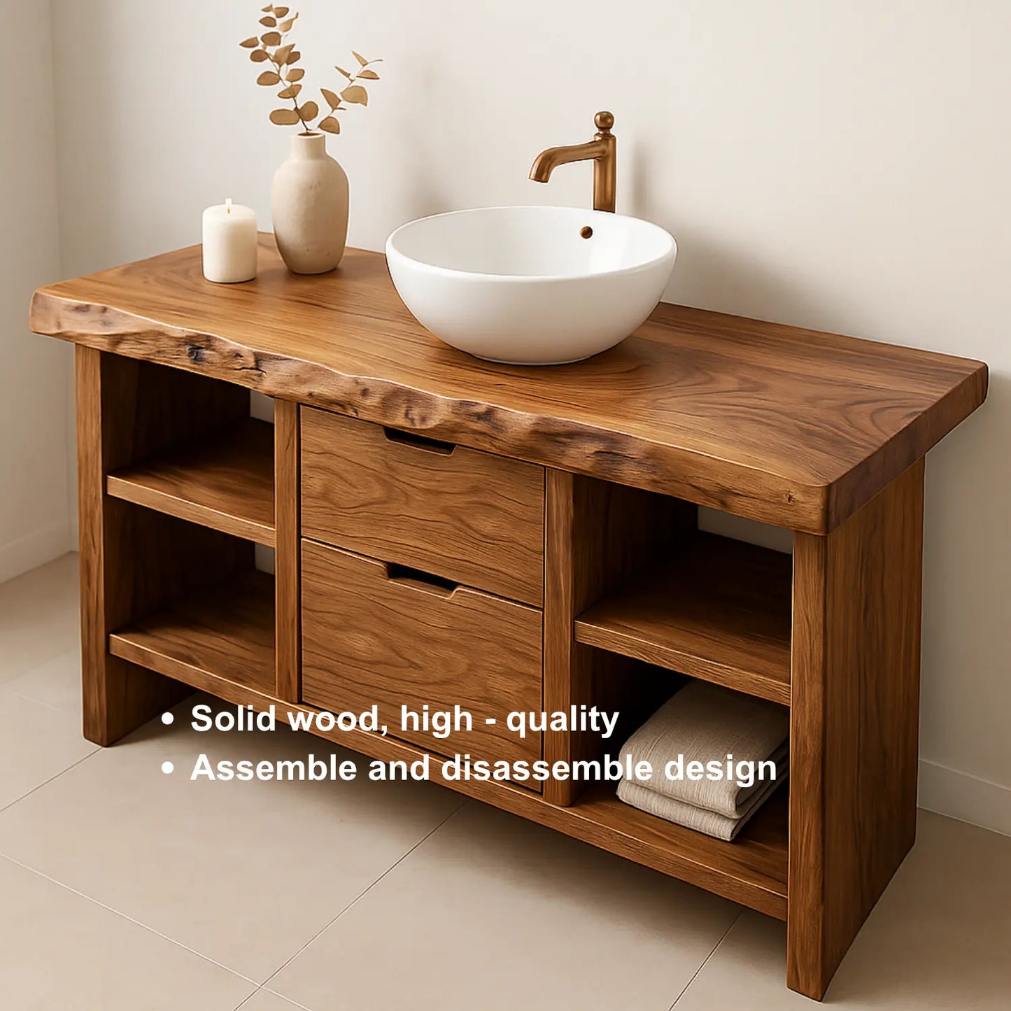 Handcrafted Solid Wood Bathroom Vanity with Live Edge Top and Open Shelves Lynnsnail