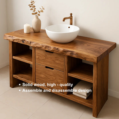 Handcrafted Solid Wood Bathroom Vanity with Live Edge Top and Open Shelves Lynnsnail