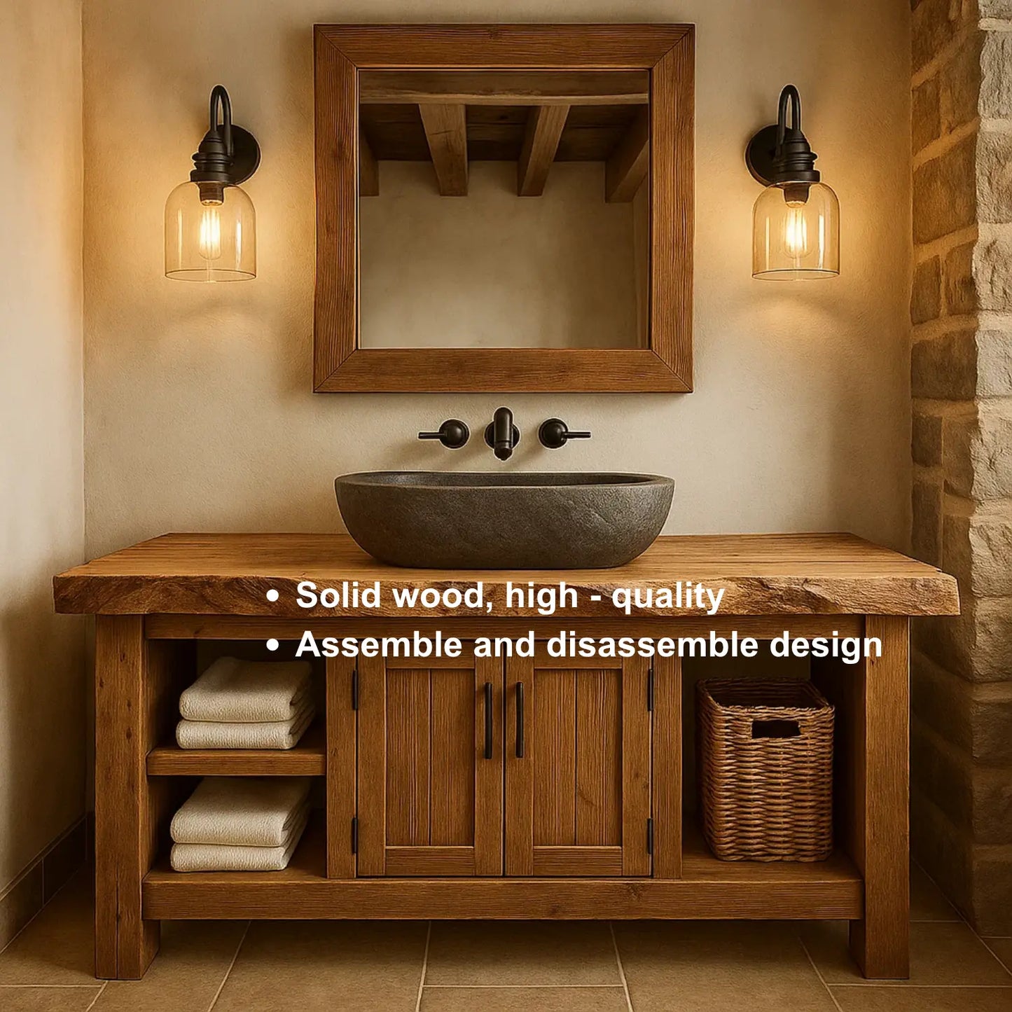 Handcrafted Solid Wood Bathroom Vanity with Live Edge Top and Double Door Storage Lynnsnail