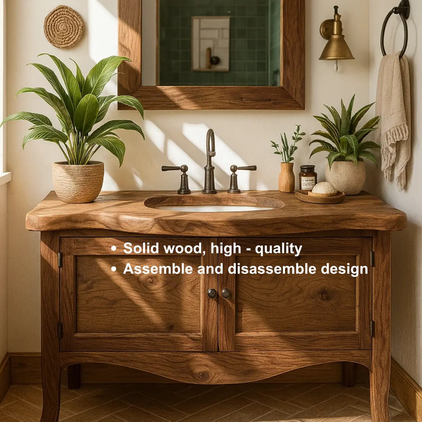 Handcrafted Solid Wood Bathroom Vanity with Curved Design and Double Door Storage Lynnsnail
