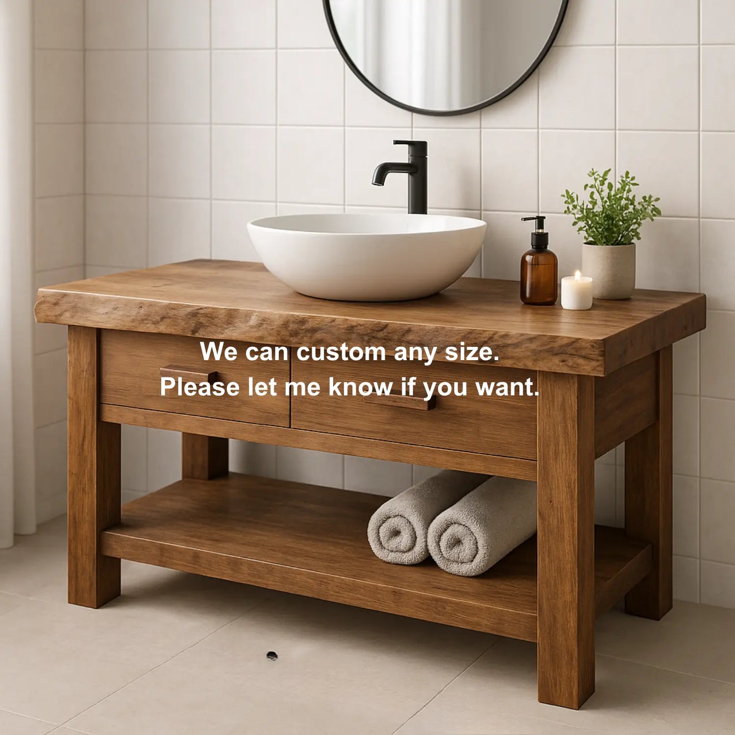 Handcrafted Solid Wood Bathroom Vanity with Live Edge Top and Open Shelf Storage Lynnsnail