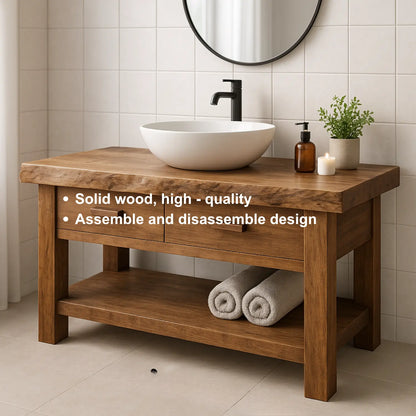 Handcrafted Solid Wood Bathroom Vanity with Live Edge Top and Open Shelf Storage Lynnsnail