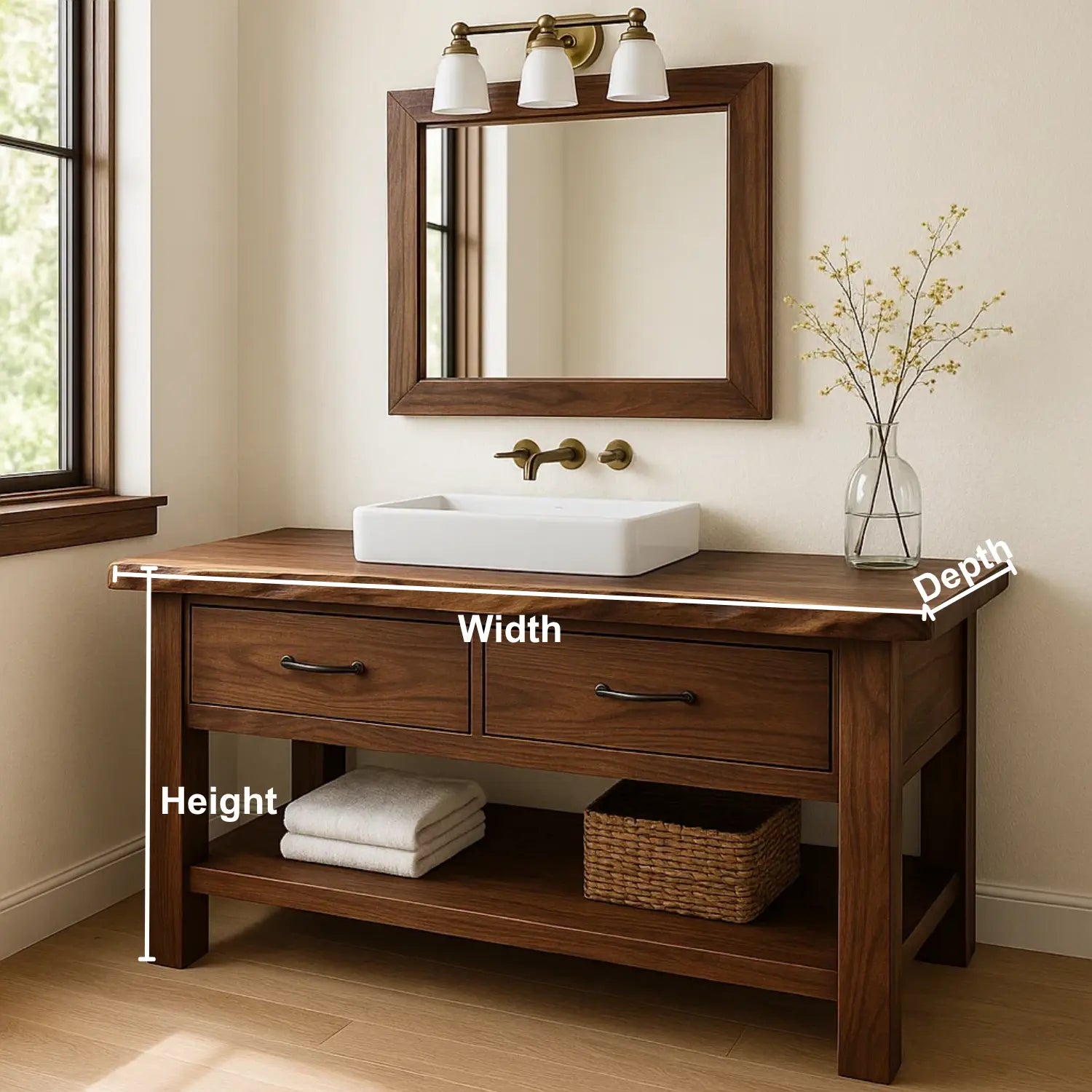Handcrafted Solid Wood Bathroom Vanity with Live Edge Top and Double Drawer Storage Lynnsnail