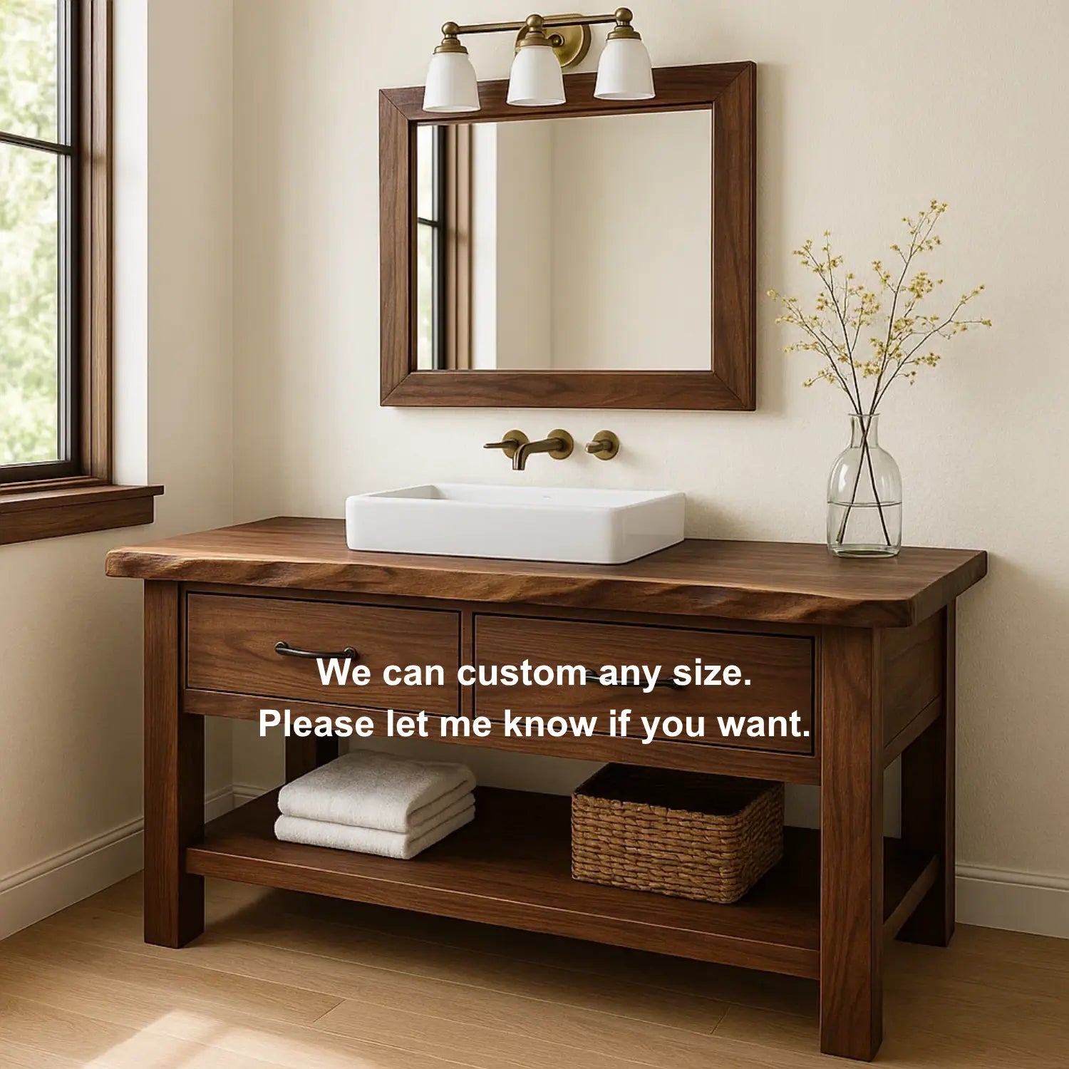 Handcrafted Solid Wood Bathroom Vanity with Live Edge Top and Double Drawer Storage Lynnsnail
