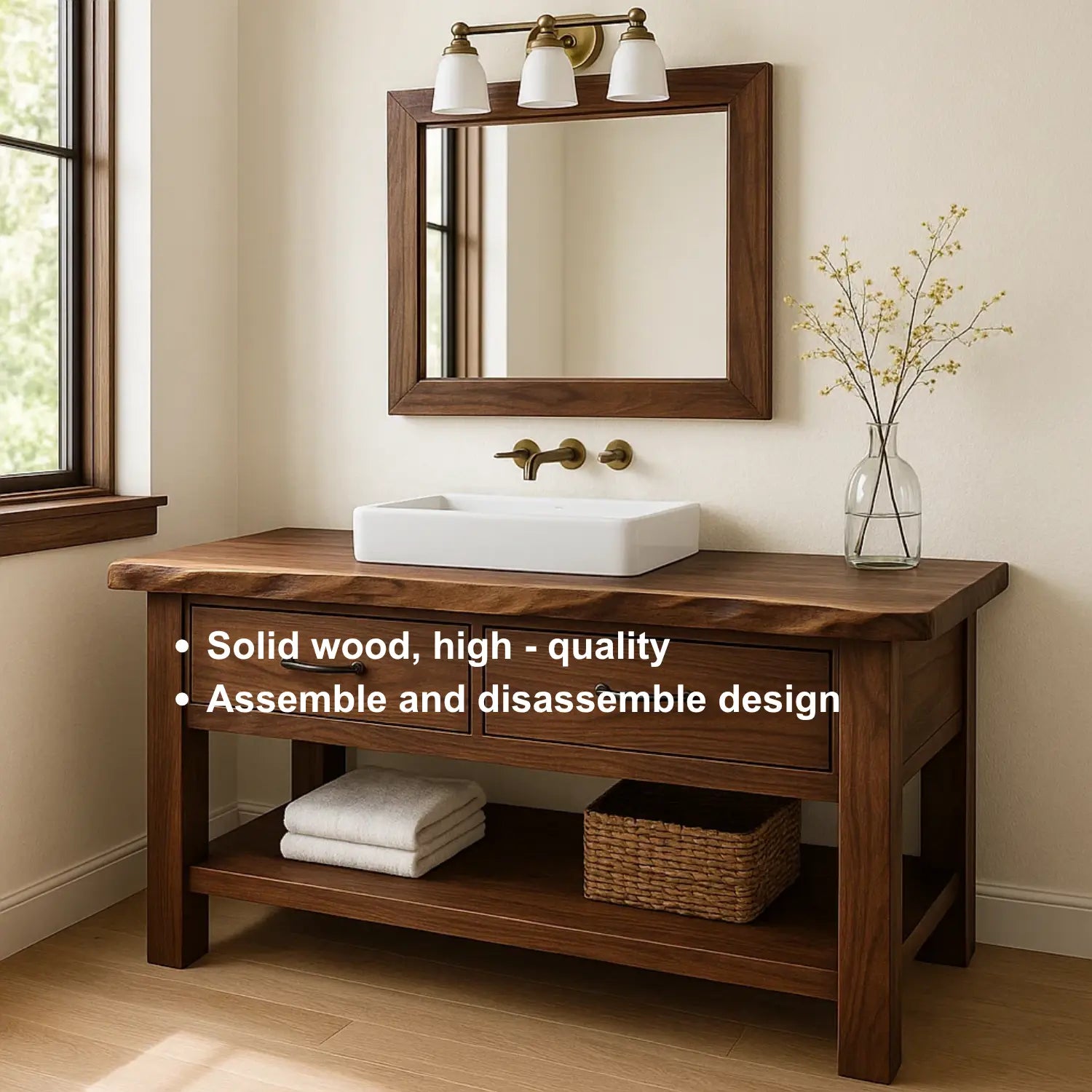 Handcrafted Solid Wood Bathroom Vanity with Live Edge Top and Double Drawer Storage Lynnsnail