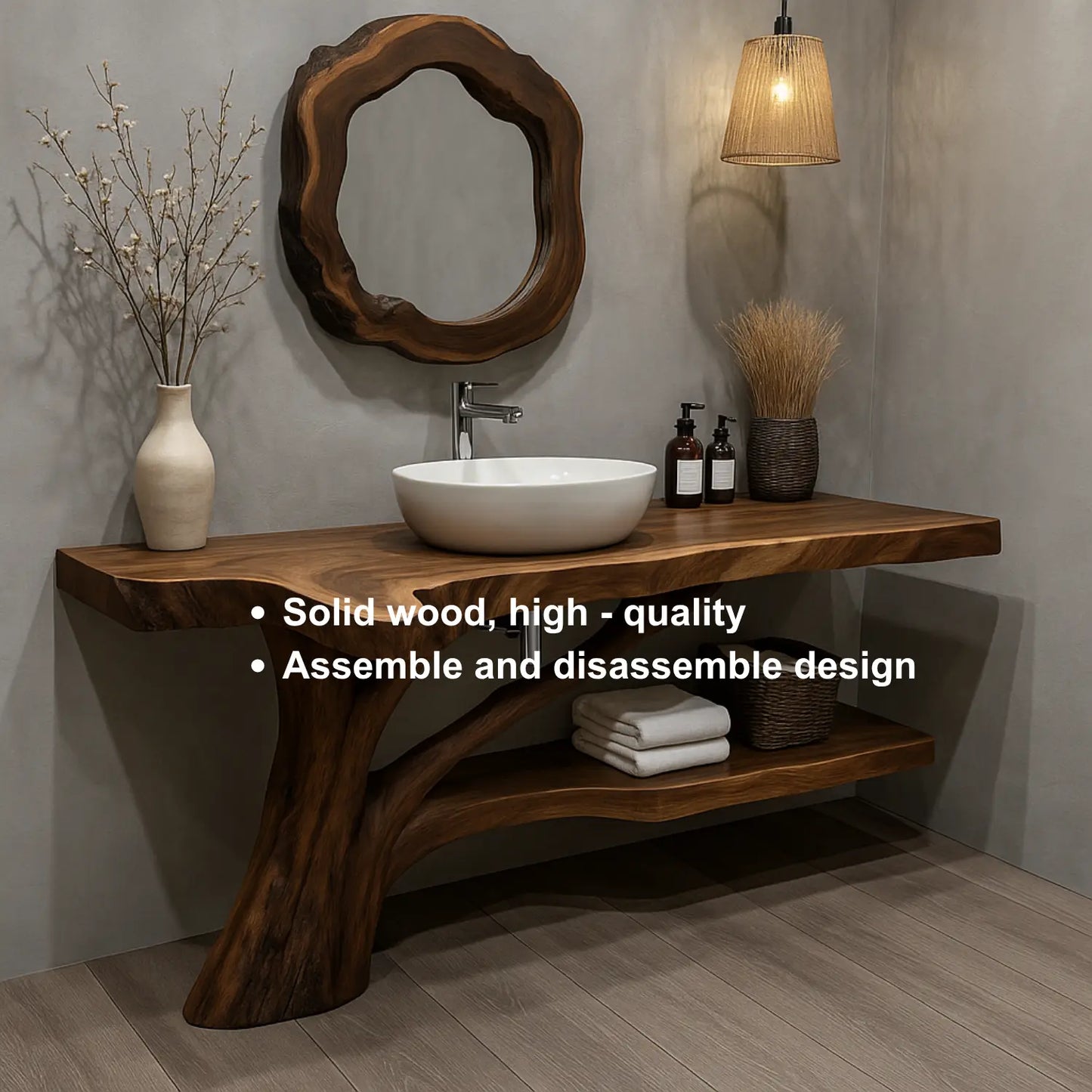 Handcrafted Solid Wood Vanity with Tree-Root Inspired Base and Organic Live Edge Design Lynnsnail