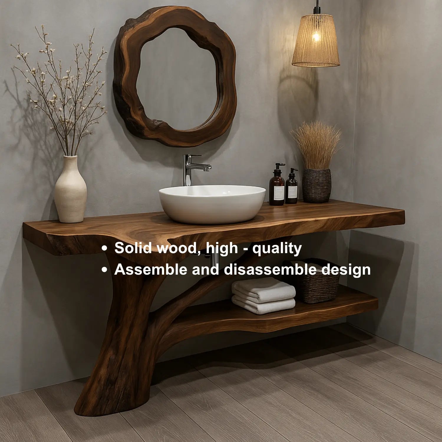Handcrafted Solid Wood Vanity with Tree-Root Inspired Base and Organic Live Edge Design Lynnsnail