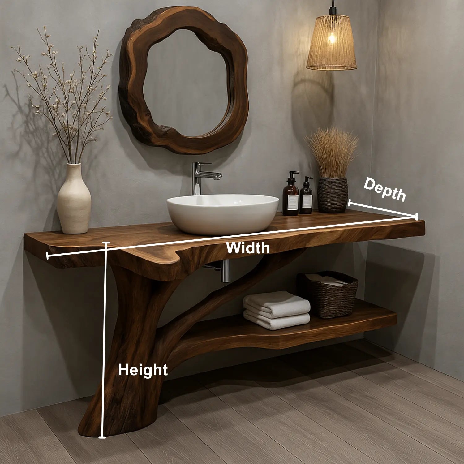 Handcrafted Solid Wood Vanity with Tree-Root Inspired Base and Organic Live Edge Design Lynnsnail