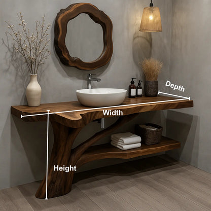 Handcrafted Solid Wood Vanity with Tree-Root Inspired Base and Organic Live Edge Design Lynnsnail