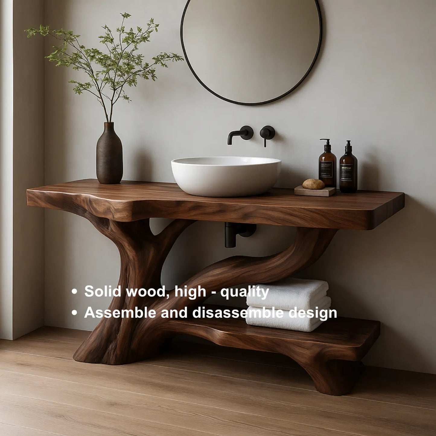 Handcrafted Solid Wood Vanity with Flowing Tree Trunk Base and Organic Sculptural Form Lynnsnail