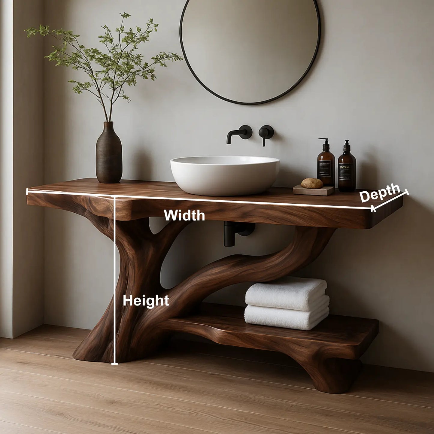Handcrafted Solid Wood Vanity with Flowing Tree Trunk Base and Organic Sculptural Form Lynnsnail