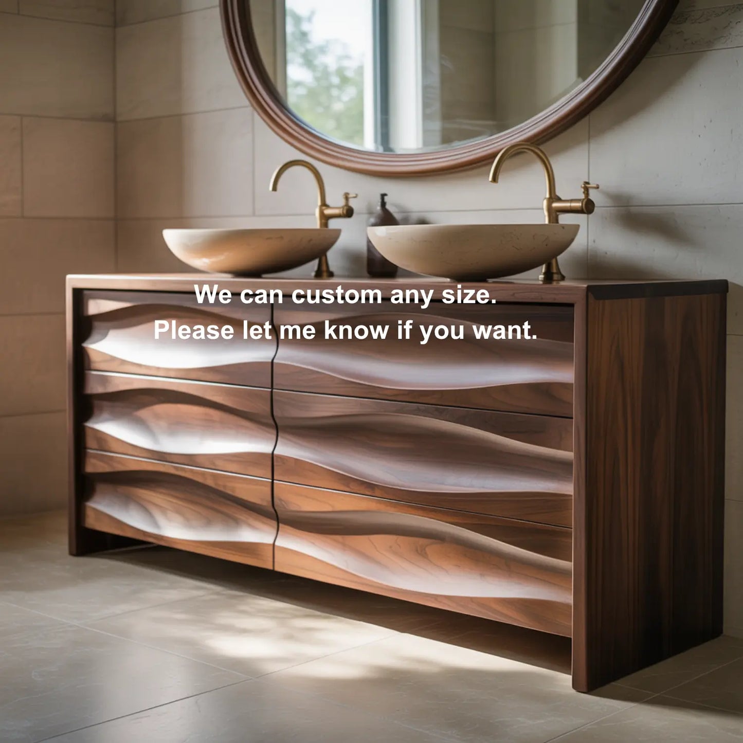 Handcrafted Solid Walnut Bathroom Vanity – Sculptural Wave Front Double Sink Cabinet with Brass Fixtures Lynnsnail