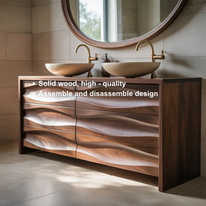 Handcrafted Solid Walnut Bathroom Vanity – Sculptural Wave Front Double Sink Cabinet with Brass Fixtures Lynnsnail