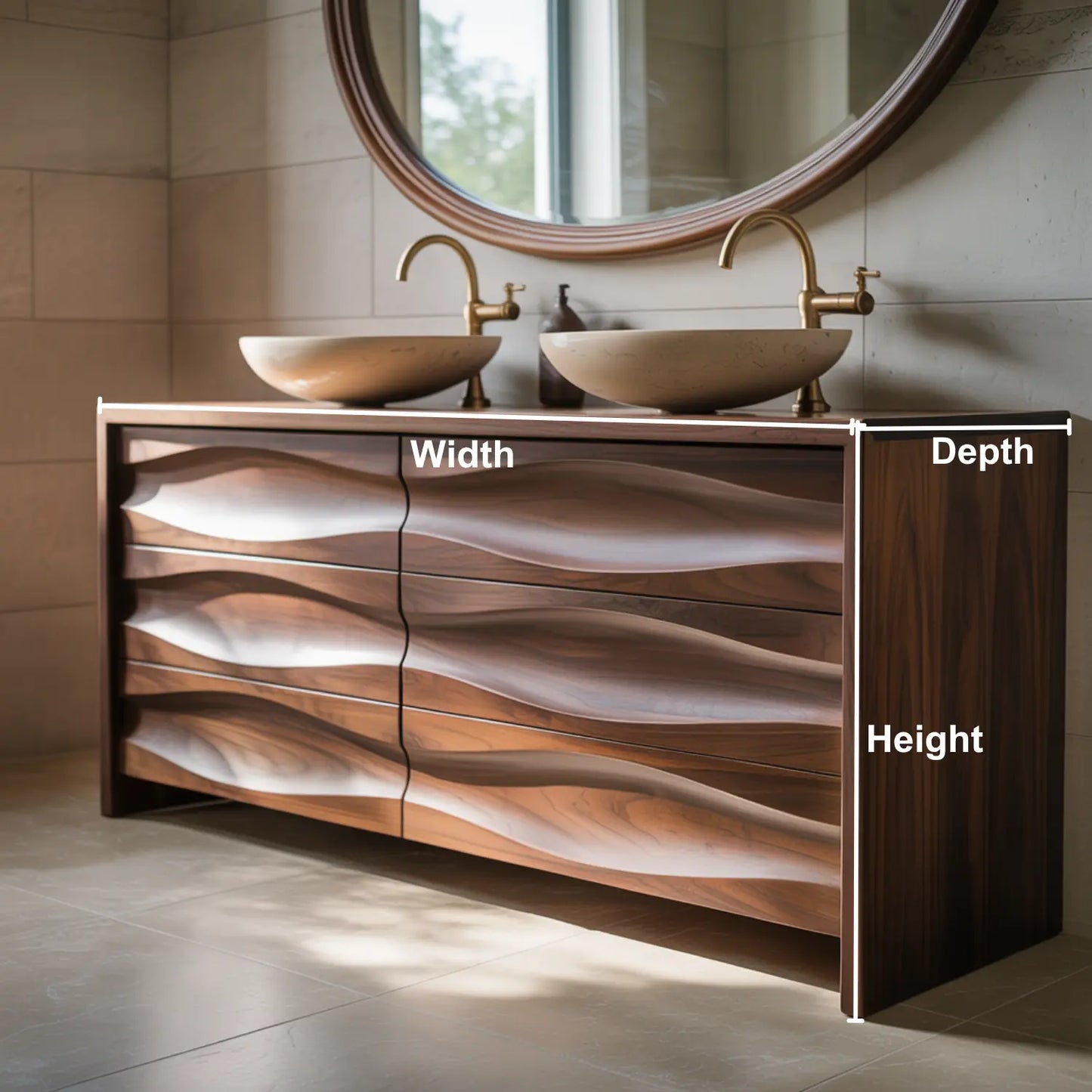 Handcrafted Solid Walnut Bathroom Vanity – Sculptural Wave Front Double Sink Cabinet with Brass Fixtures Lynnsnail