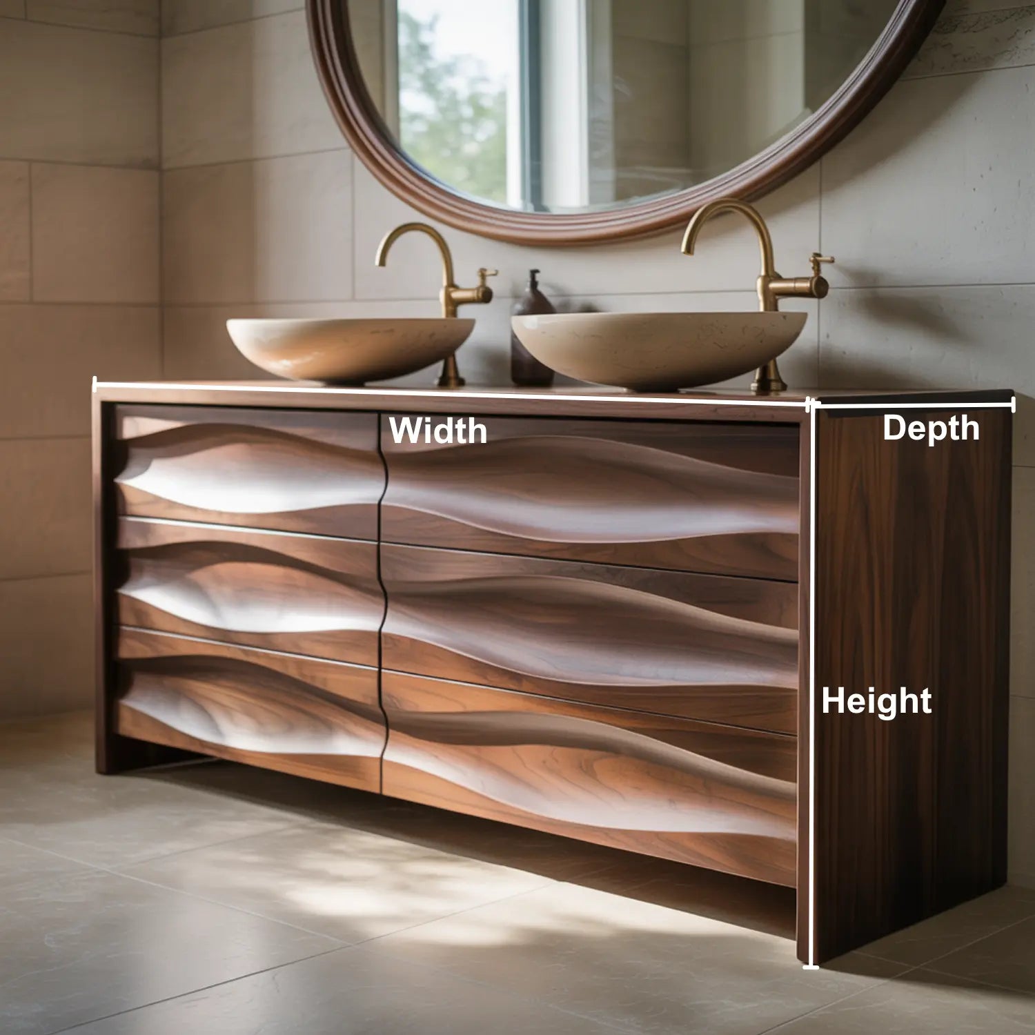 Handcrafted Solid Walnut Bathroom Vanity – Sculptural Wave Front Double Sink Cabinet with Brass Fixtures Lynnsnail