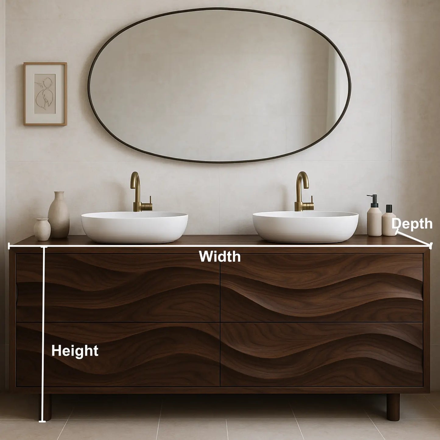 Handcrafted Solid Wood Bathroom Vanity – Organic Wave Front Double Sink Cabinet with Modern Brass Fixtures Lynnsnail