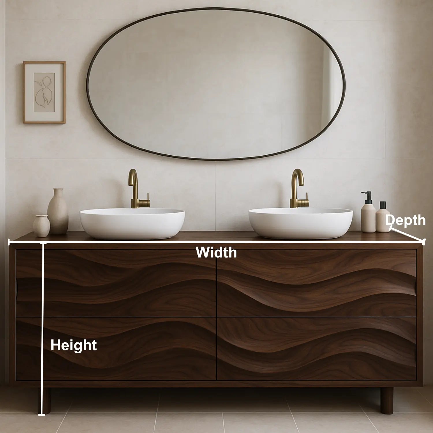 Handcrafted Solid Wood Bathroom Vanity – Organic Wave Front Double Sink Cabinet with Modern Brass Fixtures Lynnsnail