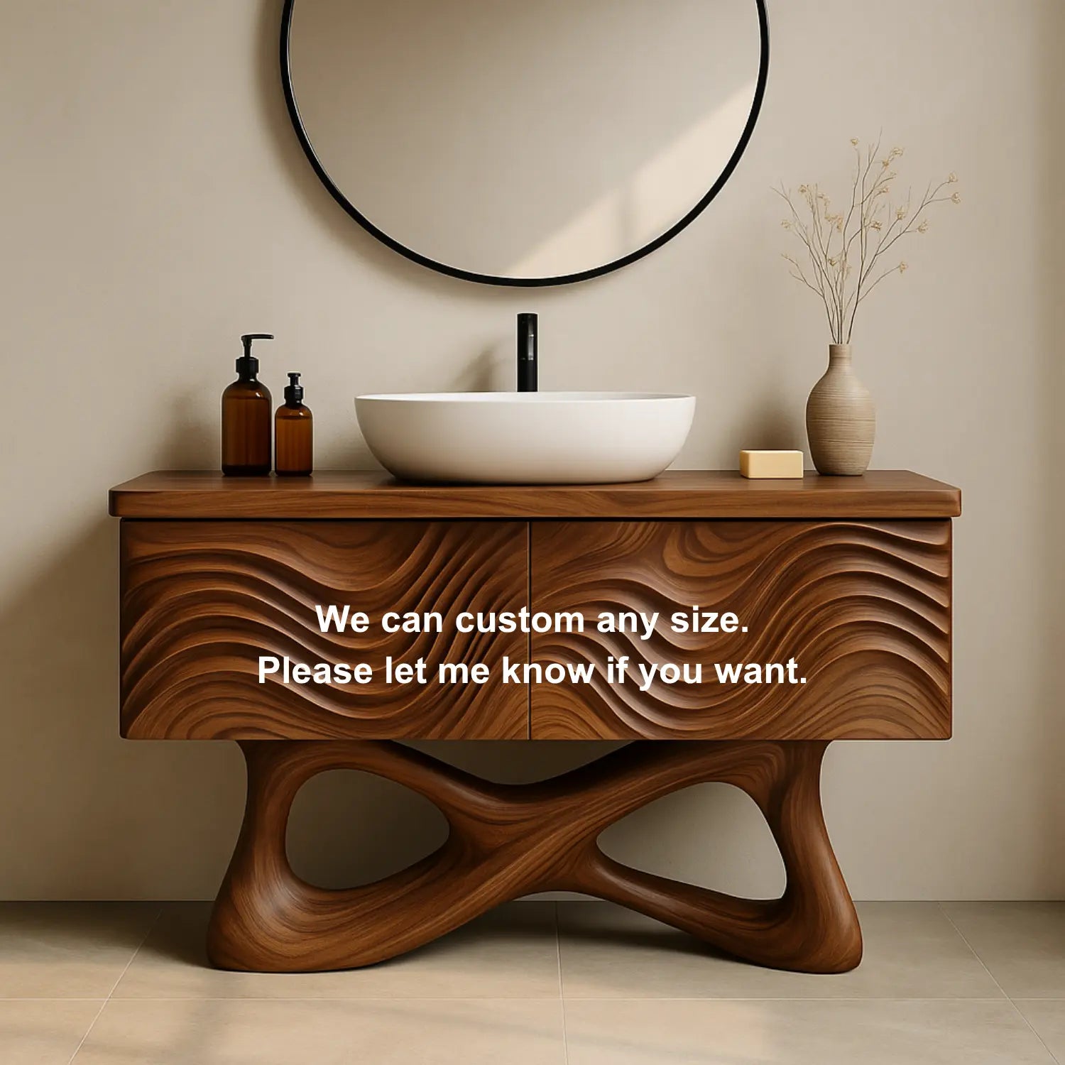 Handcrafted Solid Walnut Bathroom Vanity – Sculptural Wave Front with Organic Twisted Base Design Lynnsnail