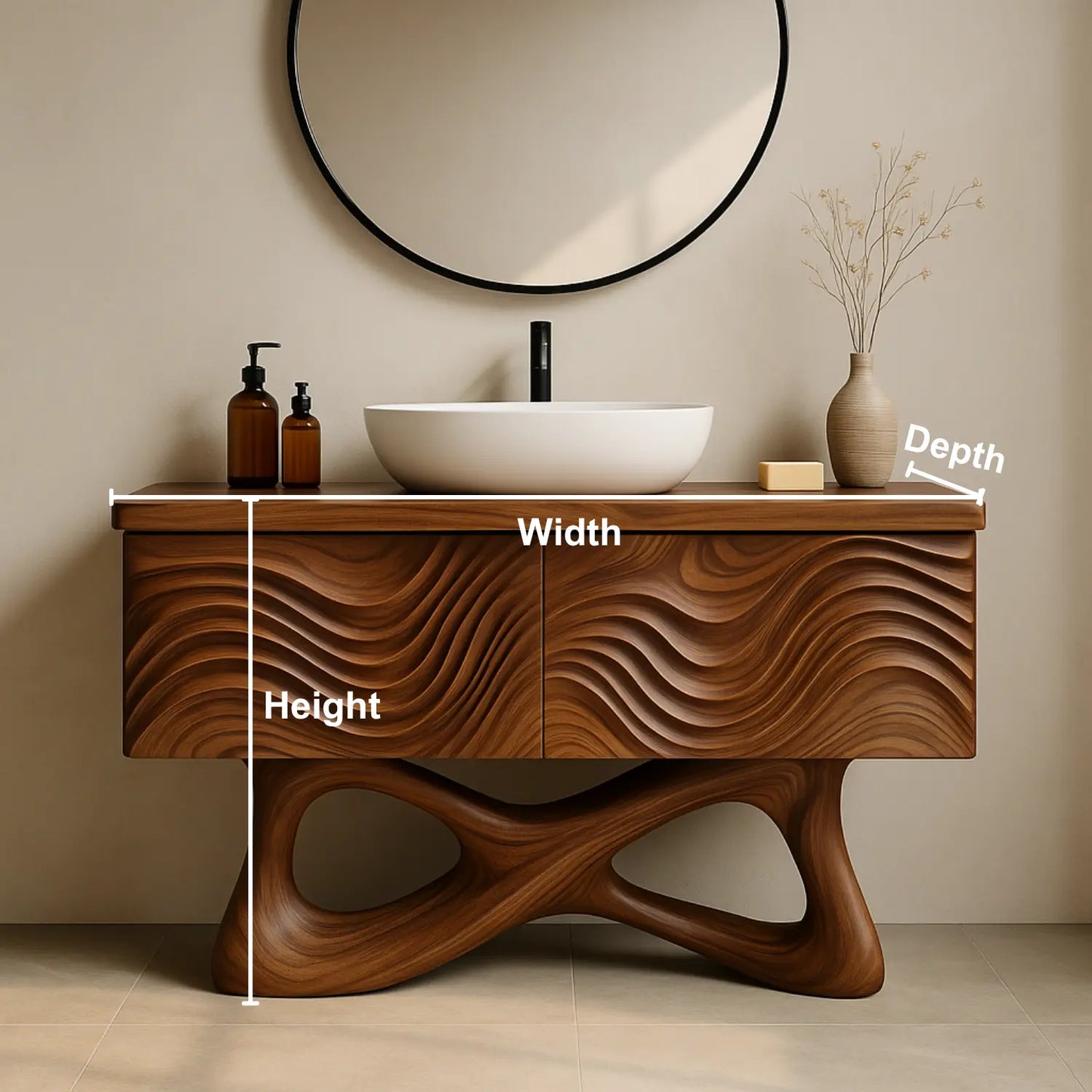 Handcrafted Solid Walnut Bathroom Vanity – Sculptural Wave Front with Organic Twisted Base Design Lynnsnail