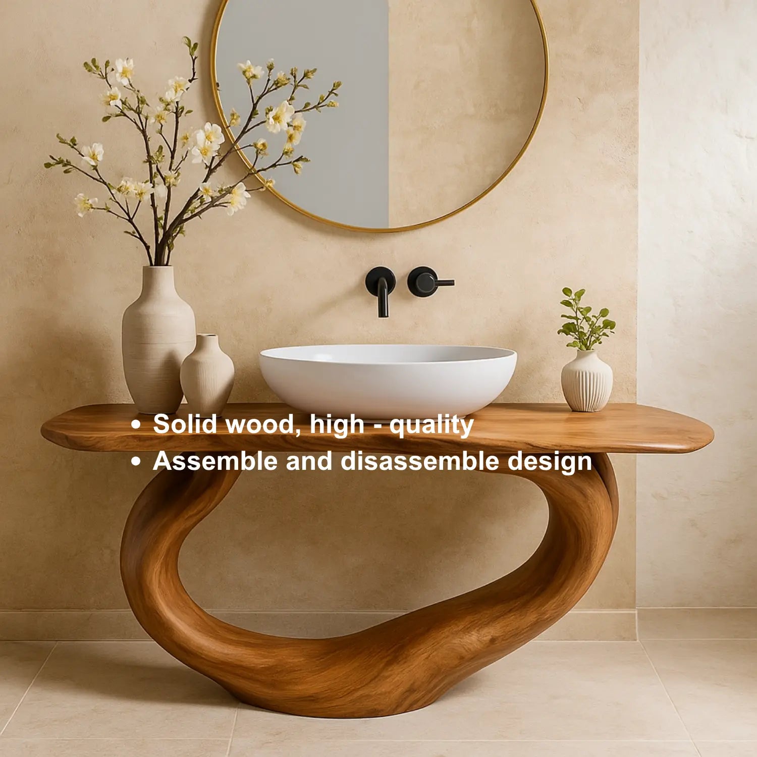 Handcrafted Solid Wood Bathroom Vanity – Organic Sculptural Flow Base in Natural Finish Lynnsnail