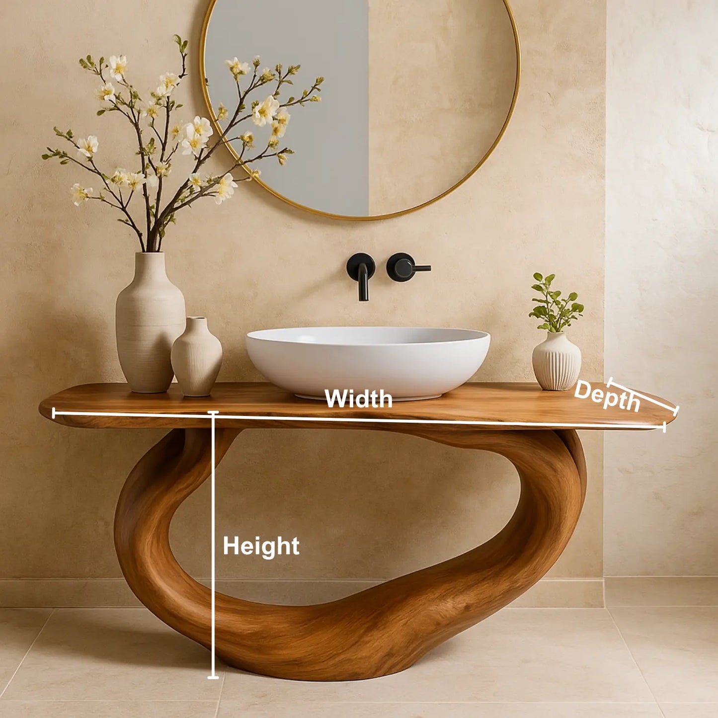 Handcrafted Solid Wood Bathroom Vanity – Organic Sculptural Flow Base in Natural Finish Lynnsnail