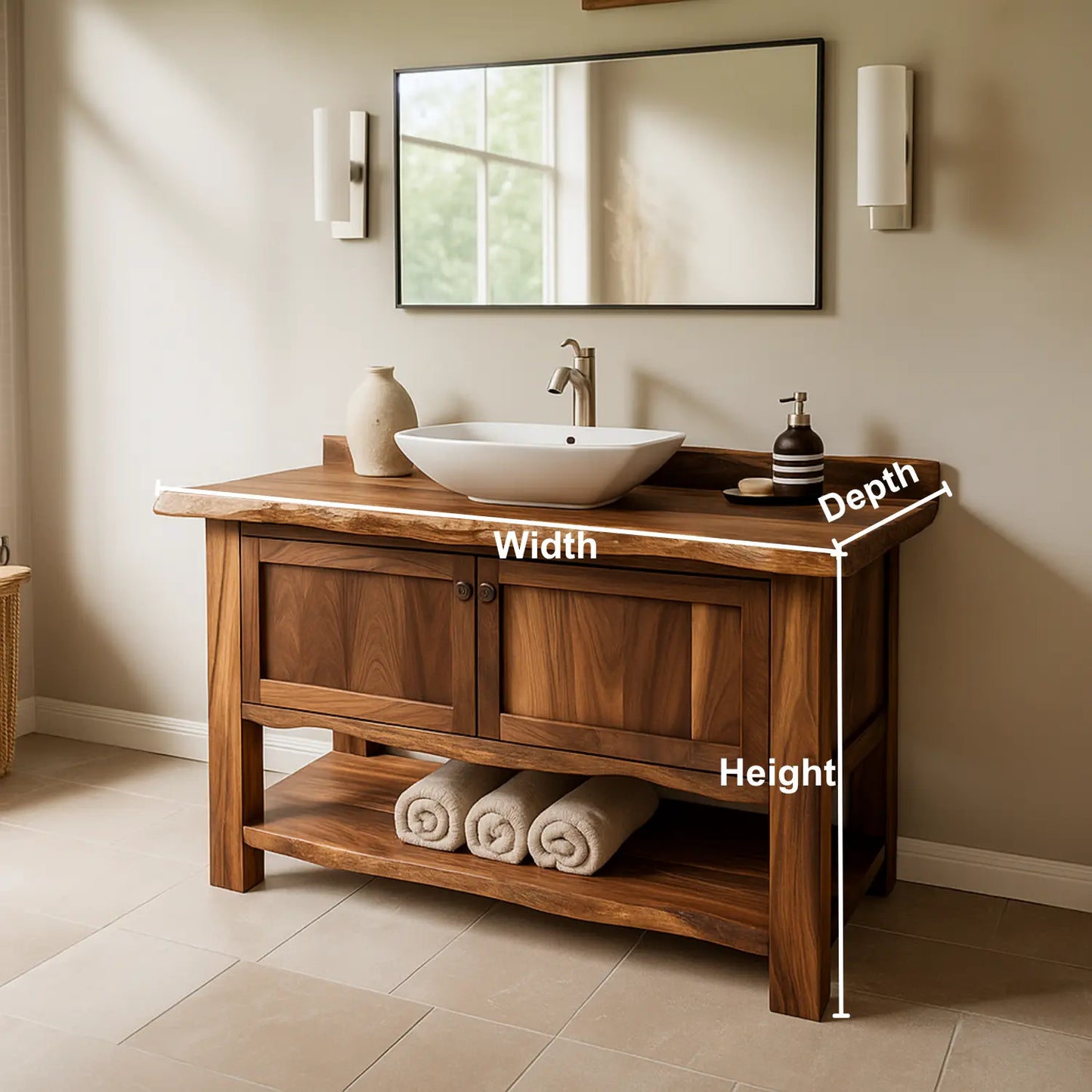 Handcrafted Solid Wood Bathroom Vanity – Rustic Live Edge Design with Open Shelf Storage Lynnsnail