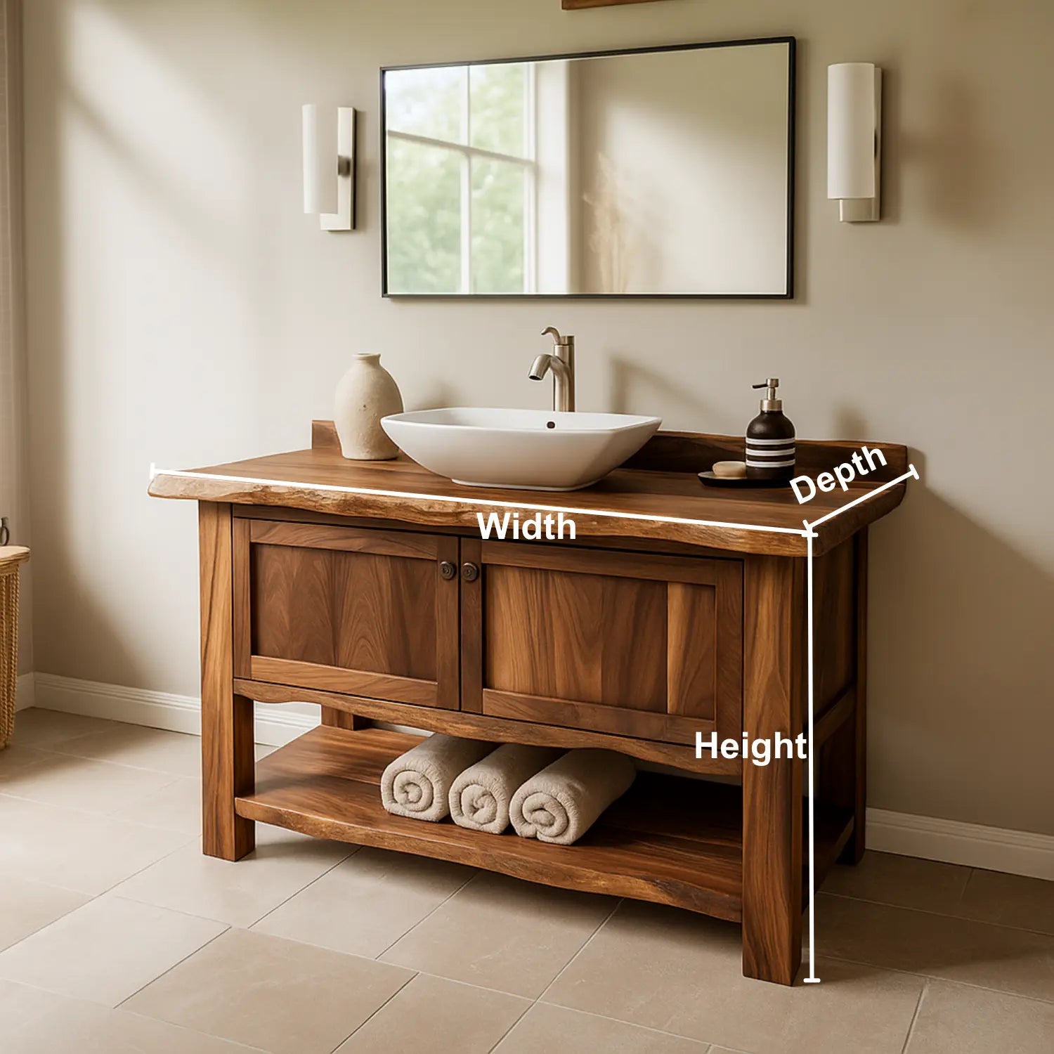 Handcrafted Solid Wood Bathroom Vanity – Rustic Live Edge Design with Open Shelf Storage Lynnsnail