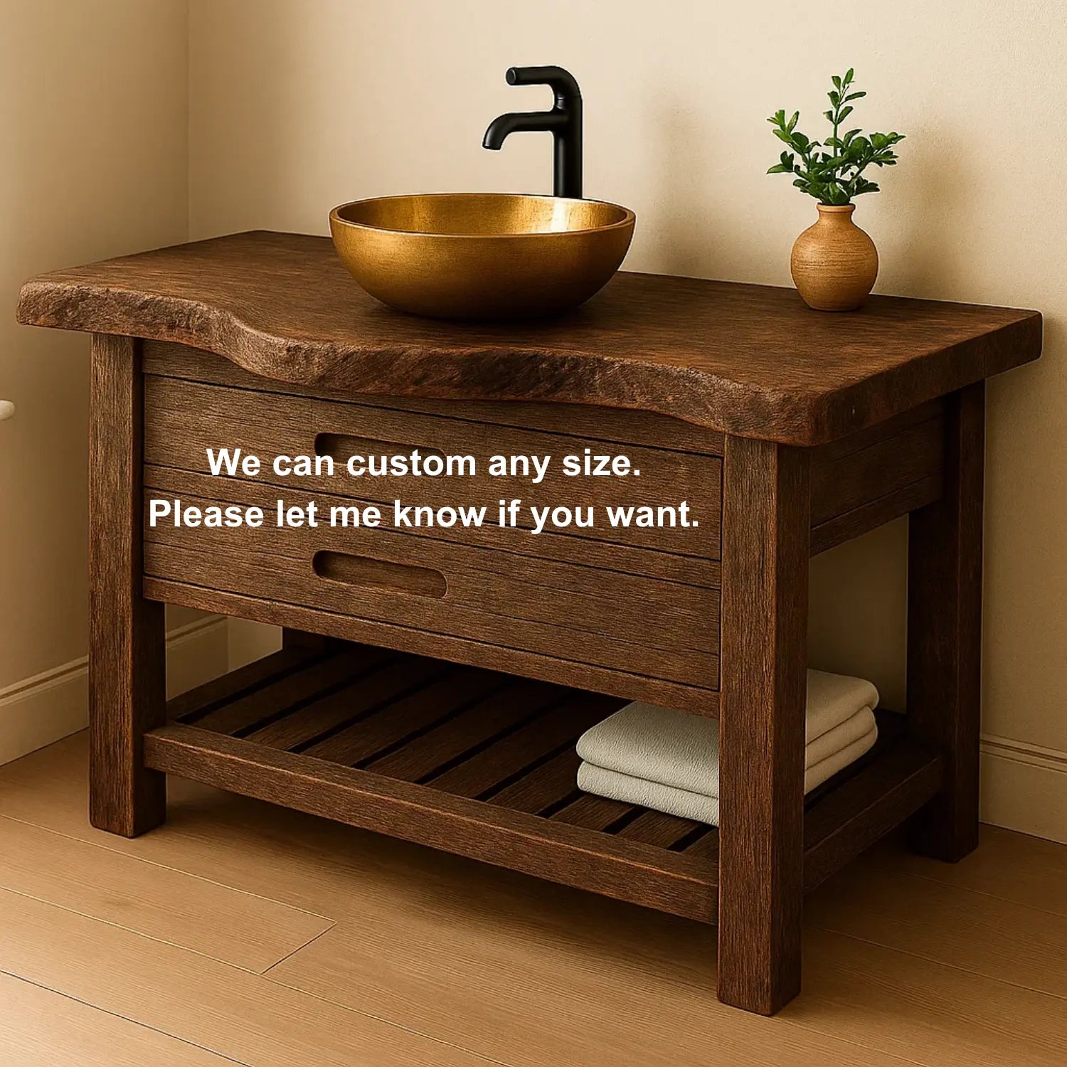 Handcrafted Solid Wood Bathroom Vanity – Rustic Live Edge Base with Drawers and Slatted Shelf Lynnsnail