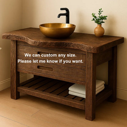Handcrafted Solid Wood Bathroom Vanity – Rustic Live Edge Base with Drawers and Slatted Shelf Lynnsnail