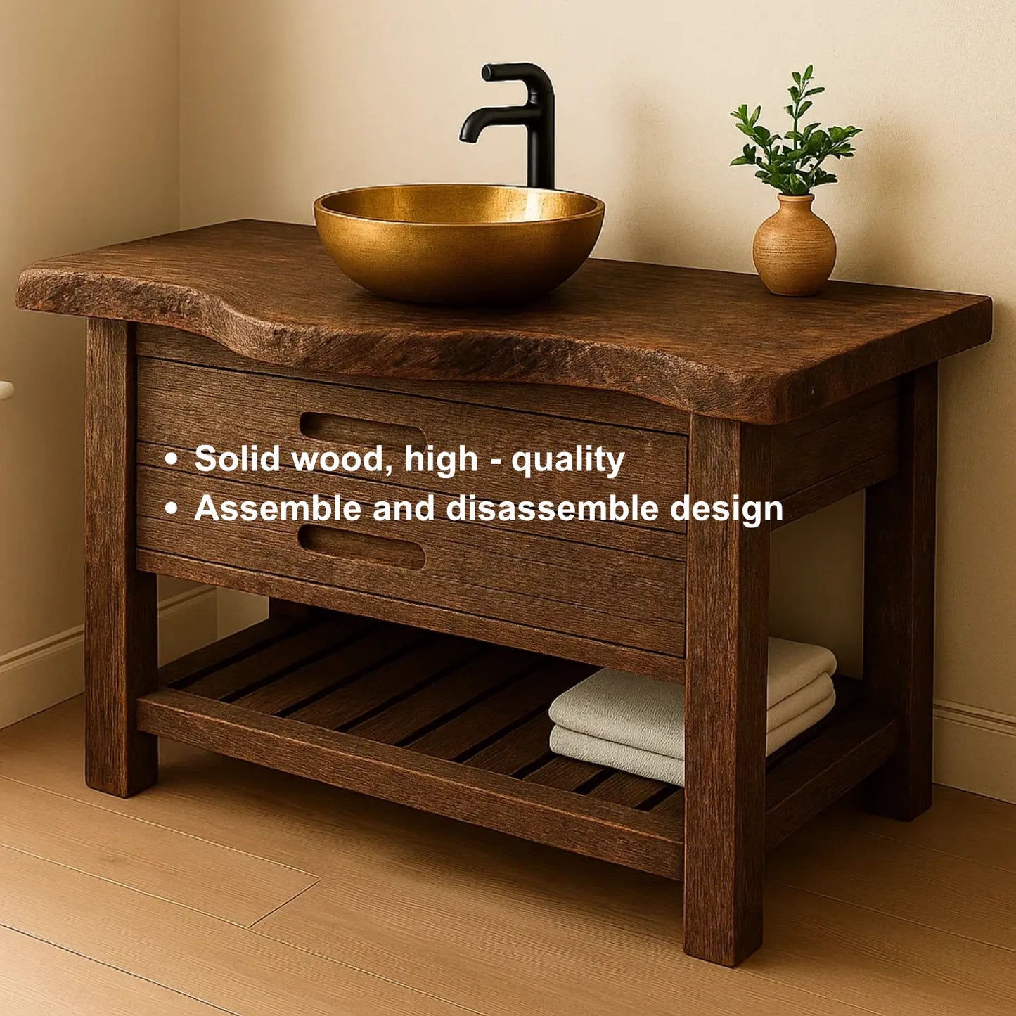 Handcrafted Solid Wood Bathroom Vanity – Rustic Live Edge Base with Drawers and Slatted Shelf Lynnsnail