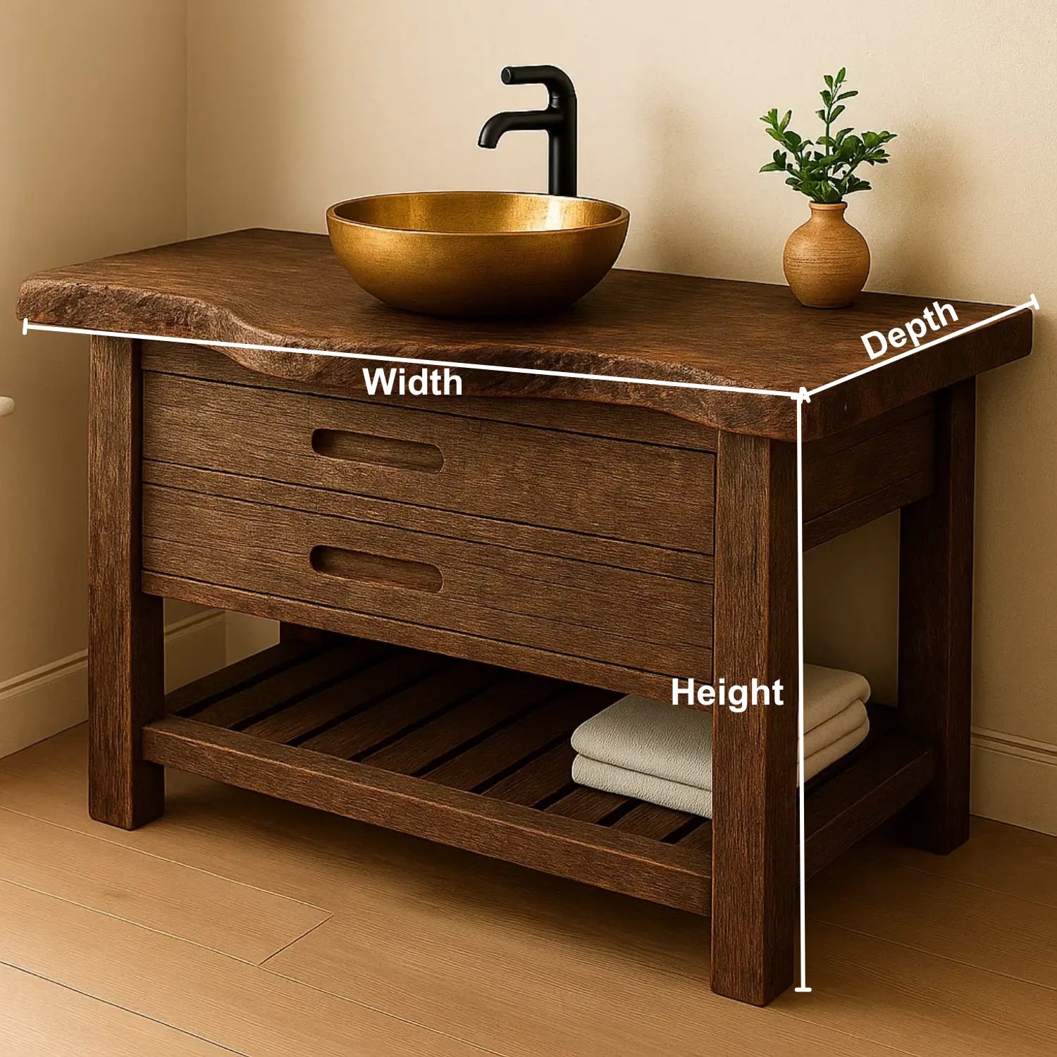 Handcrafted Solid Wood Bathroom Vanity – Rustic Live Edge Base with Drawers and Slatted Shelf Lynnsnail