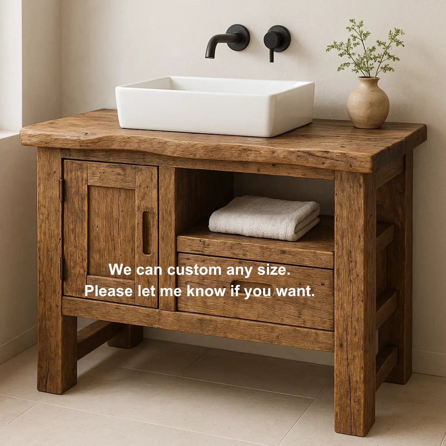Handcrafted Solid Wood Bathroom Vanity – Rustic Live Edge Base with Drawer and Cabinet Storage Lynnsnail