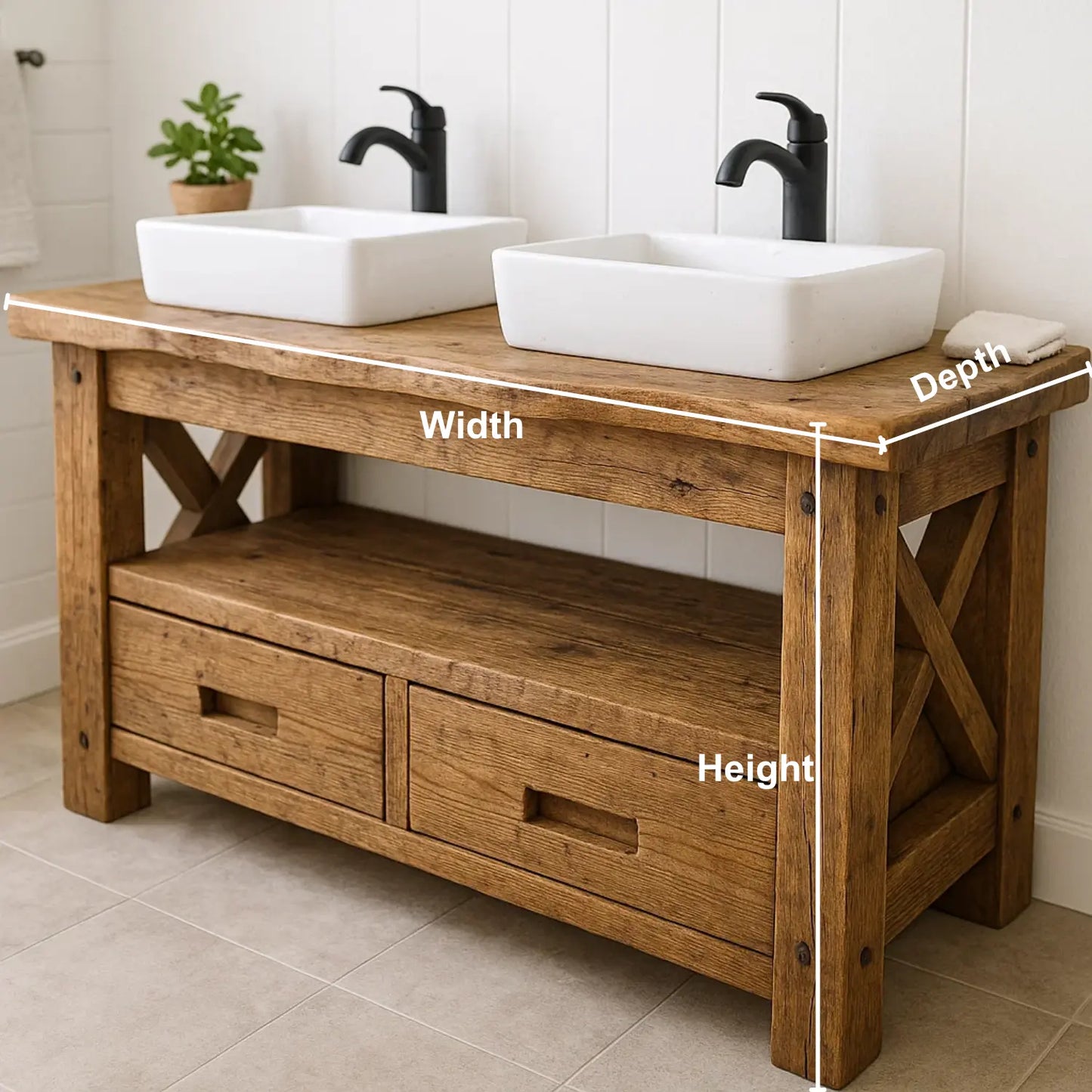Handcrafted Solid Wood Bathroom Vanity – Rustic Live Edge Double Base with Drawers and Cross-Leg Design Lynnsnail