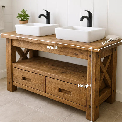 Handcrafted Solid Wood Bathroom Vanity – Rustic Live Edge Double Base with Drawers and Cross-Leg Design Lynnsnail