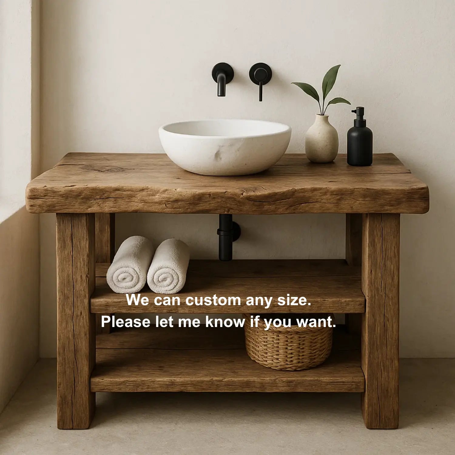 Handcrafted Solid Wood Bathroom Vanity – Rustic Live Edge Base with Double Open Shelves Lynnsnail