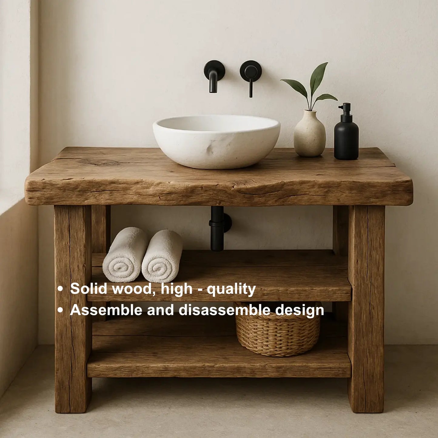 Handcrafted Solid Wood Bathroom Vanity – Rustic Live Edge Base with Double Open Shelves Lynnsnail
