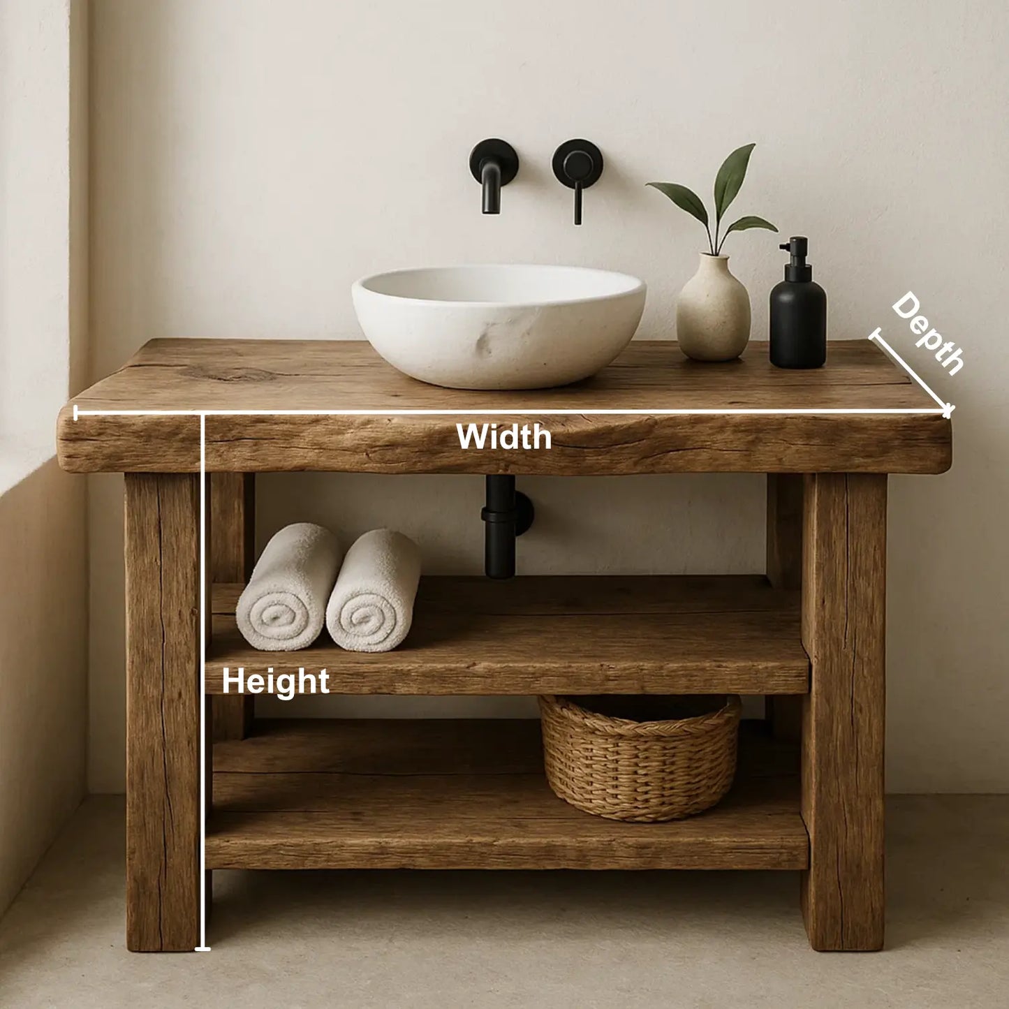 Handcrafted Solid Wood Bathroom Vanity – Rustic Live Edge Base with Double Open Shelves Lynnsnail