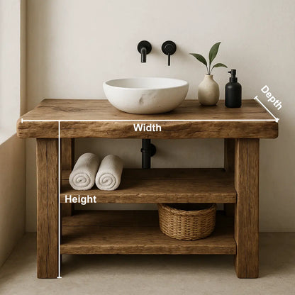 Handcrafted Solid Wood Bathroom Vanity – Rustic Live Edge Base with Double Open Shelves Lynnsnail