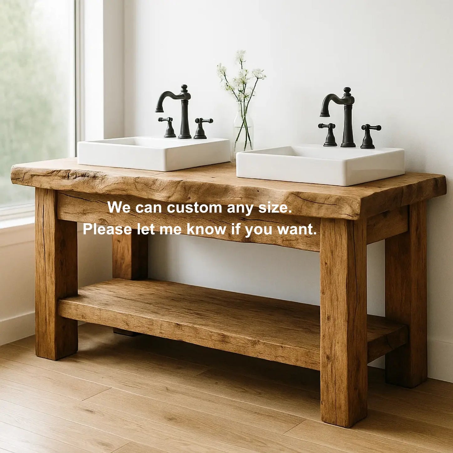 Handcrafted Solid Wood Bathroom Vanity – Rustic Double Live Edge Base with Open Shelf Lynnsnail