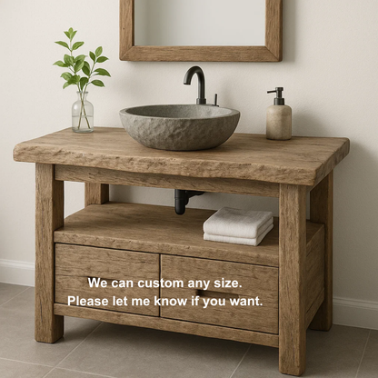 Handcrafted Solid Wood Bathroom Vanity – Rustic Live Edge Base with Drawers and Open Shelf Lynnsnail